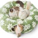 Lesure Large Cat Tunnel Bed - Cute Donut Bed for Indoor Cats with Washable Circle Cushion, Round Pet Peekaboo Cave Toy for Multi Kitten/Puppy/Rabbit, Large Flower Garden Green