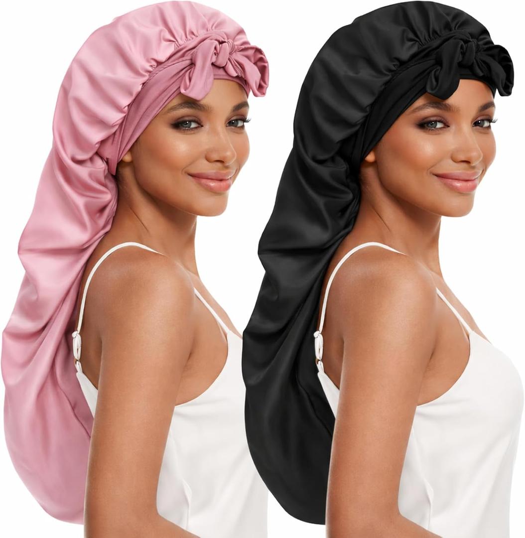 DEMAZALO Silk Long Bonnet for Braids & Curly Hair, Silk Satin Bonnet for Sleeping, Extra Large Bonnets for Women Braid