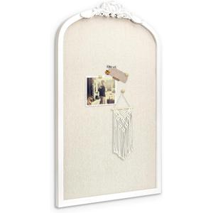Bulletin Board with Linen, Vintage Arch Framed Pin Board  19 x 31 White Cork Board for Walls, White Pine Wood Frame, Fabric Pinboard, Vision Board for School, Home & Office