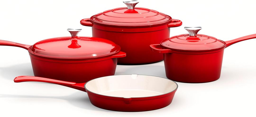MAISON ARTS 7 Piece Enameled Cast Iron Cookware Set, Heavy Duty Induction Dutch Ovens Pot with Lid, Red Non Toxic Pots and Pans Sets, PFOA-PFOS Free