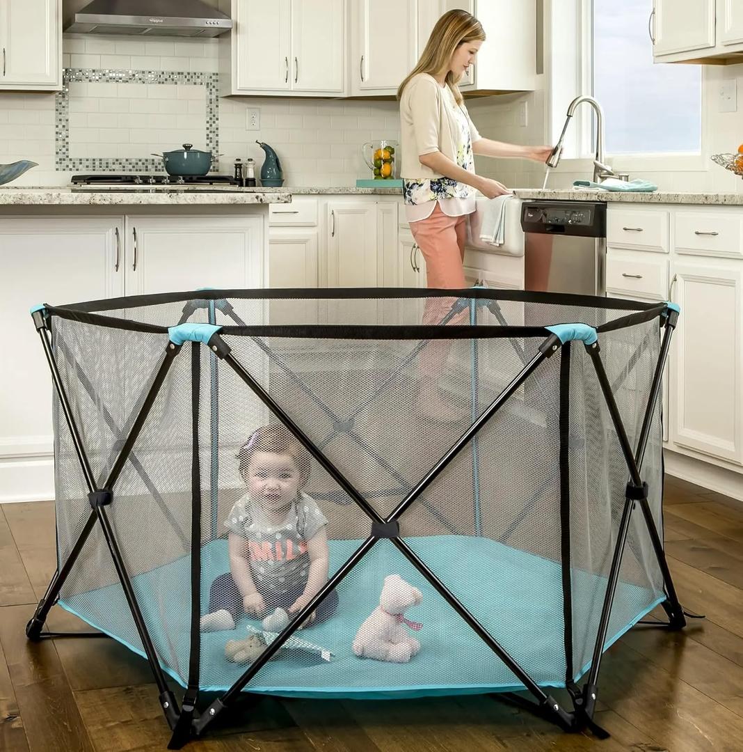 Regalo Safety My Play Portable Baby Playpen & Play Yard, Foldable 6-Panel Indoor Outdoor Playpen for Babies & Toddlers, Mesh Sides, Washable Fabric, 48, Aqua/Black