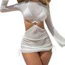 Lilosy Sexy Long Sleeve Cutout Swimwear Cover Ups Top Bottom 3 Piece Set (Small, White)