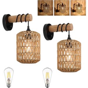 ALAISLYC Boho Wall Sconces Set of 2 Rattan Wall Sconce Dimmer Wall Lamp Light Fixtures with Cord Wicker Hanging Wall Mount Light for Bedroom Living Room