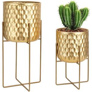 TRIROCKS Set of 2 Planters with Stand Indoor Outdoor Metal Plant Stand 8 * 18 &7 * 12 "Modern Planters Flower Pots for Living Room Corner Kitchen Office Garden Balcony Patio Decor(Gold)