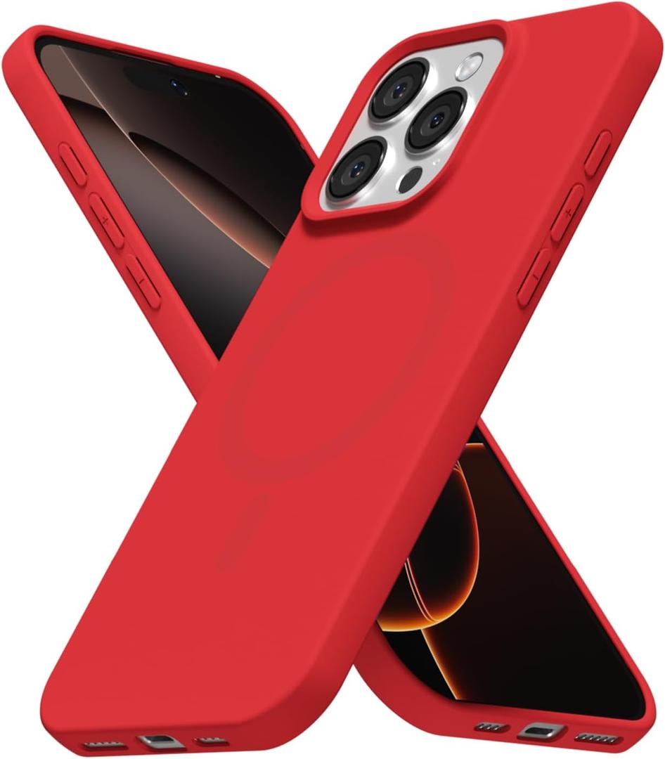 for iPhone 16 Pro Case Silicone Mag Safe, Compatible with Magsafe Ultra Slim Thin Magnetic Phone Case for Women Girls, Soft Rubber Gel Matte TPU Solid Color Minimalist Cover, Red