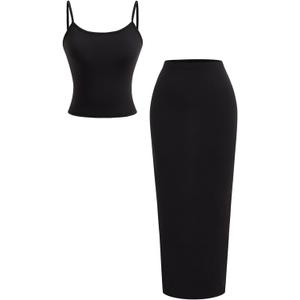 Women's 2 Piece Going Out Outfit Scoop Neck Crop Top and Fishtail Maxi Skirt Set (Black, S)