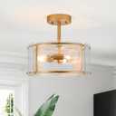 Gold Semi Flush Mount Ceiling Light Fixture 3 Light,11.8 Inch Small Drum Modern Farmhouse Glass Ceiling Light Fixtures for Bedroom,Entryway,Hallway,Kithcen,Dining Room,Living Room