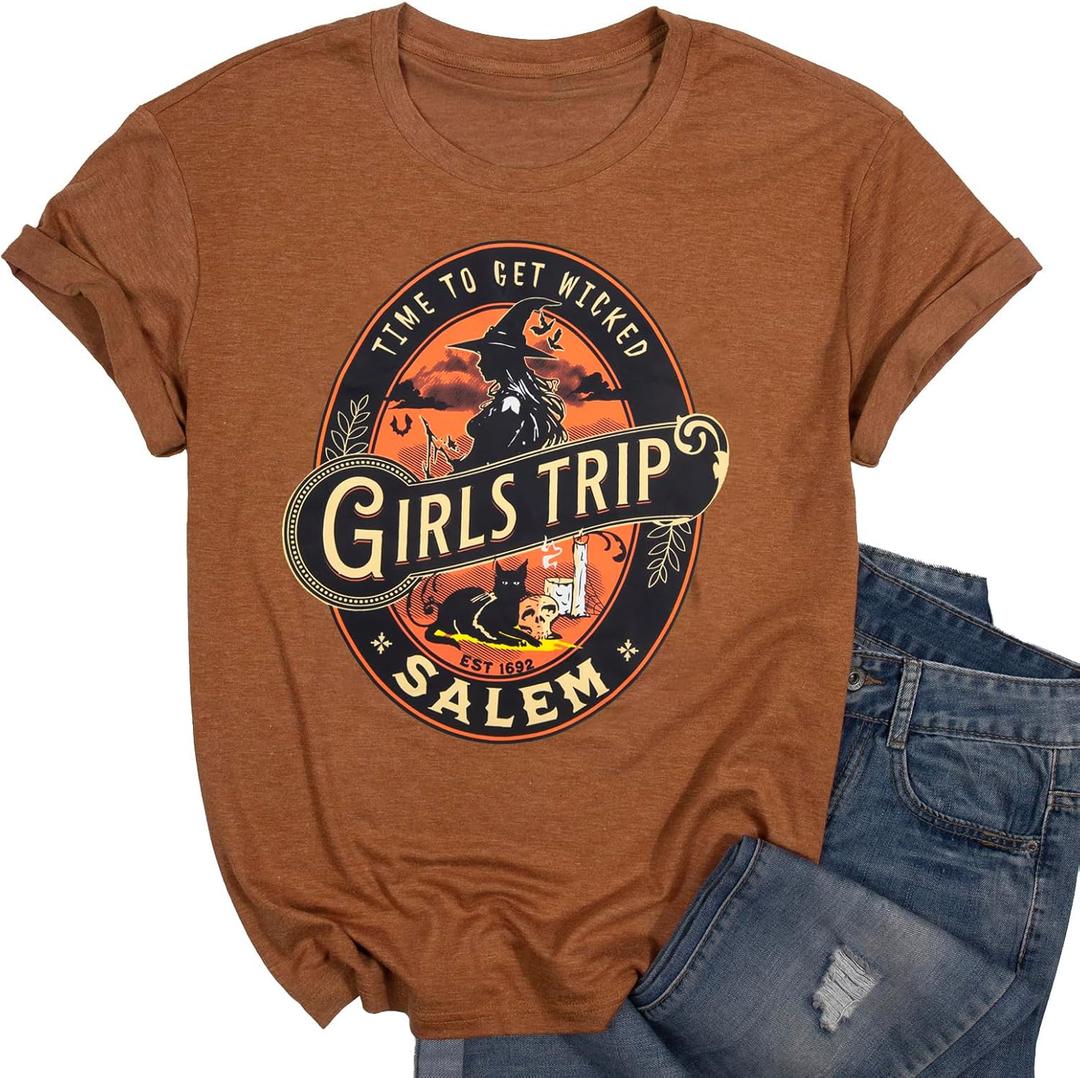 Halloween Shirt Salem Witch Shirt: Women Girls Trip Salem Tshirt Funny Halloween Tees (Brown, M)