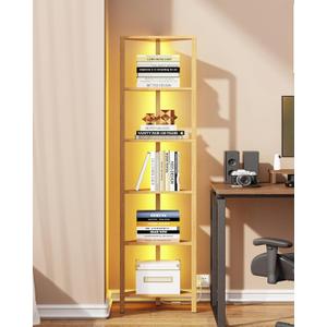 TUTOTAK Corner Shelf with LED Light, 6-Tier Corner Bookshelf for Small Space, Narrow Display Corner Shelf Stand with Storage Rack, for Living Room, Bedroom, Natural BS05BN006L