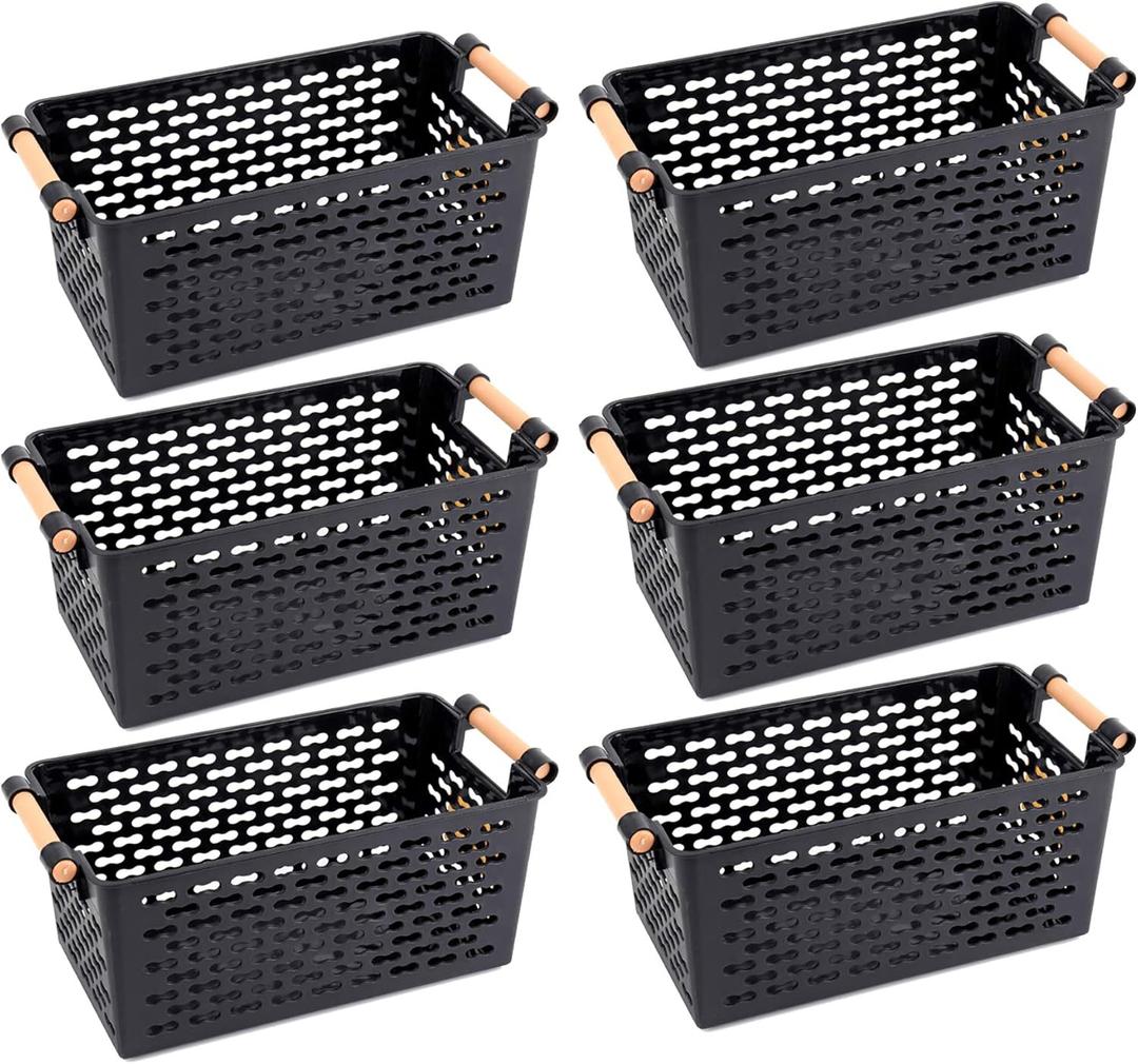 Yesland 6 Pack Plastic Storage Basket, Black Basket Organizer Bin with Handles for Home Office Closet, 6 x 12 x 5 Inches