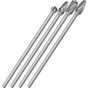 4Pcs Long Carbide Burr Set 1/4" Shank Total L 6.1" Die Grinder Bits Rotary Rasp Attachment Cut Port Grind Metal Cast Iron Steel Aluminum Cylinder Head Engine Intake Exhaust Manifold Tight Area