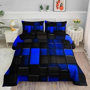 Smell Sunshine Comforter Set Blue Black Checkered Printed Bedding Set 1 Comforter and 2 Pillowcases for Girls Boys Bedroom All Season(Black Checkered Queen)