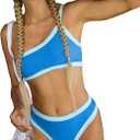 Women’s Ribbed Bikini Sets One Shoulder Top Two Piece Swimsuits Mid Rise Color Block Bathing Suit XL