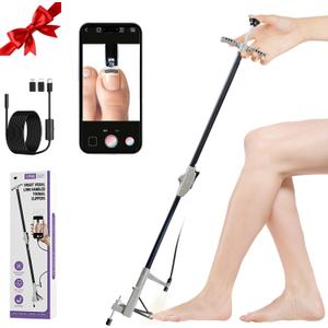 Long Handled Toenail Clippers with HD Endoscope & LED Light, 32" Foldable Aluminum, Adjustable Support Leg, Stainless Steel Blade for Thick Nails, for Seniors, Overweight and Arthritis Users
