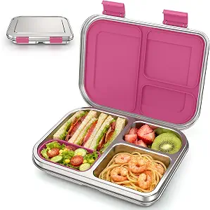 BABHAMNESS Stainless Steel Bento Box Kids, 3 Compartments Leak Proof Metal Bento Lunch Box, 304 Stainless Steel Bento Lunch Containers for School and Office,Dishwasher Safe, BPA-Free-Pink