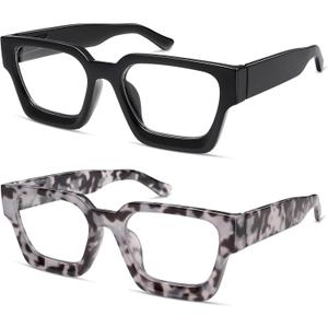 AMOMOMA Trendy Retro Reading Glasses for Women Men,90S Stylish Square Blue Light Computer Frame AM6169 (P2 Black+grey Tortoise)