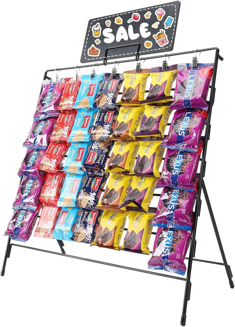 Chip Rack Display Stand with 60 Clips, 7 Rows Snack Retail Display Rack, Chip Bag Holder for Party, Snack Bar Station for Concession Stand, Candy Display (Black)