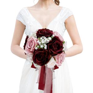 Wedding Bouquet for Bride - Premade Simple Artificial Roses Flowers for Bridal Shower Destination Ceremony Anniversary Decorations (Burgundy & Dusty Pink)