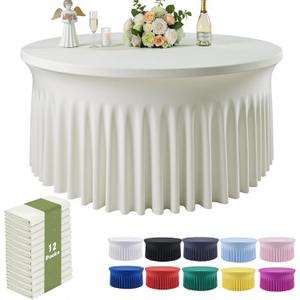 Outpain 12 Pack 72inch Ivory Spandex Round Tablecloths, Stretchy 132inch Fitted 6FT Round Table Cloths, Wrinkle Free Table Cover with Skirt for Wedding Party Dining Banquet