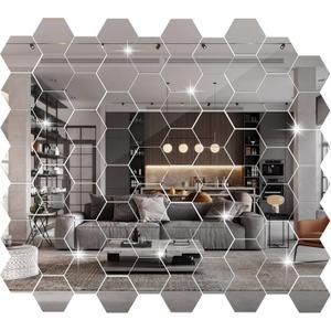 Maitys 72 Pcs Hexagon Mirror Wall Stickers Decal Removable Acrylic Mirror Sticky Decor for Bedroom Living Room Home Decor DIY, Silver (3.94 x 3.43 x 1.97 Inch)