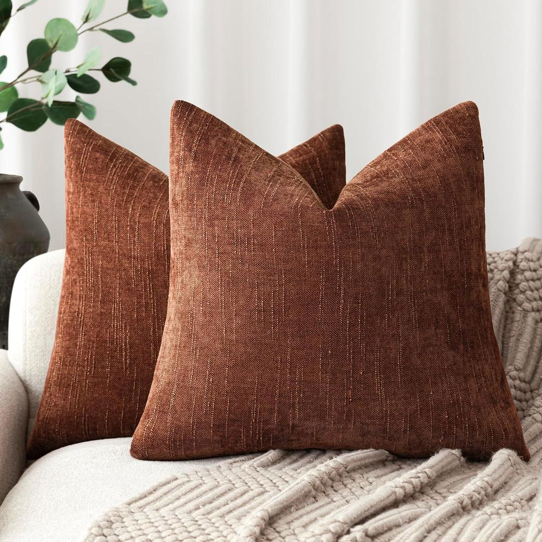 Foindtower Pack of 2 Soft Textured Chenille Throw Decorative Pillow Covers Square Accent Solid Cushion Cover Cozy Neutral Farmhouse Pillow Case for Couch Sofa Bedroom Living Room 16x16 Inch,Red Taupe