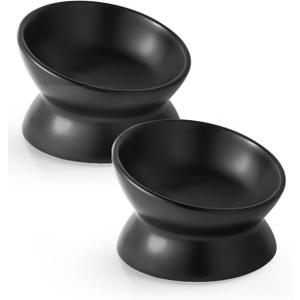 LoeJan Elevated Cat Food Bowl, 5 Oz Ceramic Raised and Tilted Water Bowl, Anti Vomiting and Protect Pets' Spines Dishes for Small Dog, Fat Faced Cat, Kitten (Black, 2 Pack)