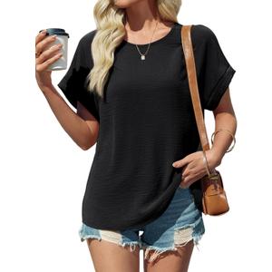 Tankaneo Womens Summer Blouse Short Sleeve Dressy Casual Loose Fit T-Shirts Oversized Crewneck Tunic Tops, S