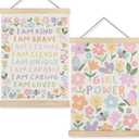 URLLUAE Girls Nursery Wall Decor, Colorful Flower Girly Wall Art With Wooden Poster Hanger, Pastel Floral Inspirational Canvas Prints Posters for Girls Room Nursery Playroom, 12x16 Inch, Set of 2