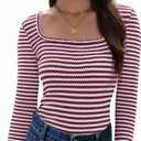 IWD Womens Striped Long Sleeve Shirts Slim Fit Square Neck Tops 2026 Spring Lightweight Knit Pullover Sweater (Red, S)