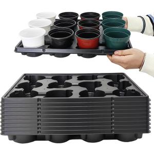 12 Cell Round Nursery Pots Trays Thickened Durable Seedling Pots Shuttle Carrying Trays for Holding 4 inch Nursery Pots (16.85"  12.6", 10-Pack) (12 Cell Trays for 4 Inch Pots-10 Pack, Black)