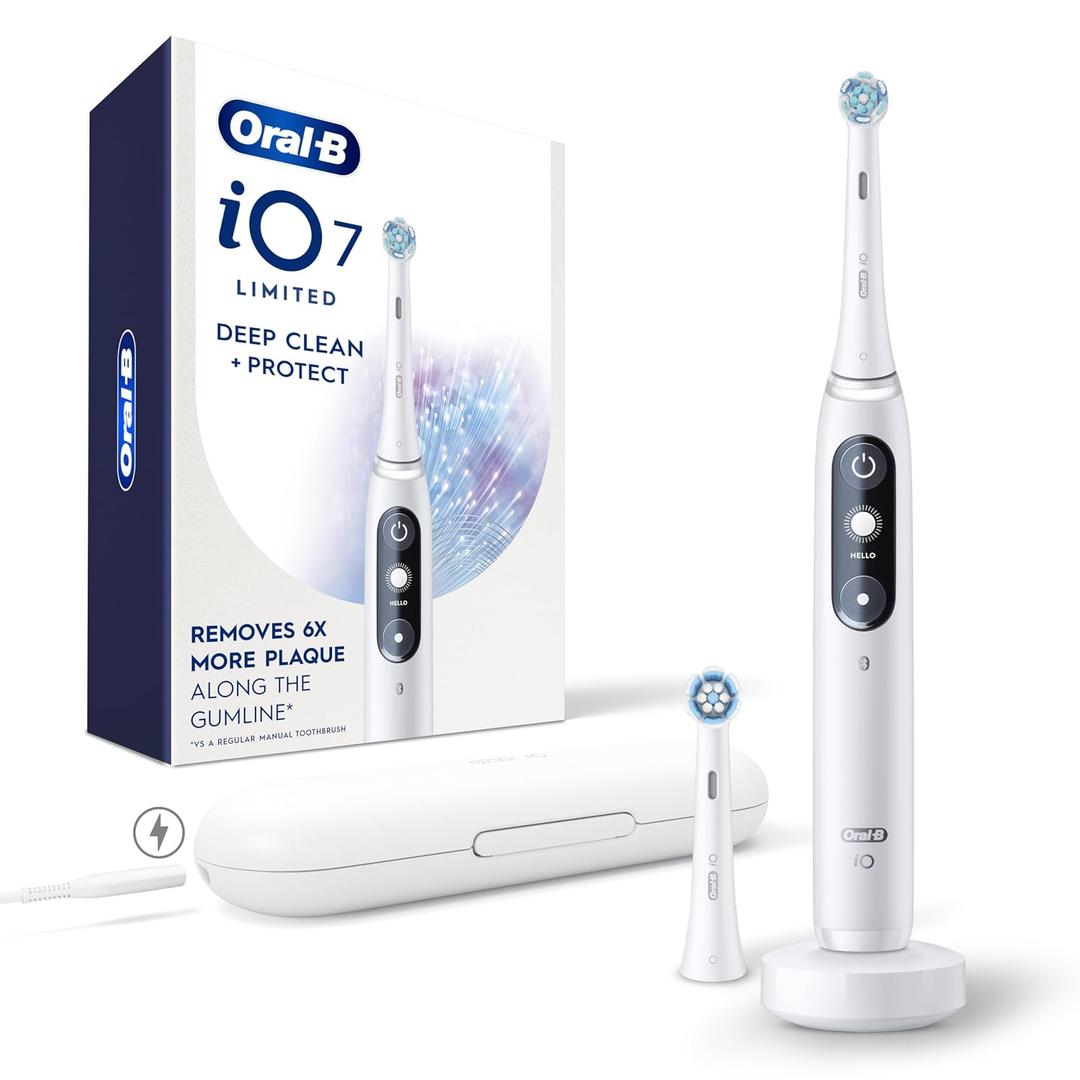 Oral-B Rechargeable Electric Toothbrush, iO7 Limited Deep Clean + Protect, 5 Cleaning Modes, Interactive Display, Visible Pressure Sensor, 2 Brush Heads, Charging Travel Case, White