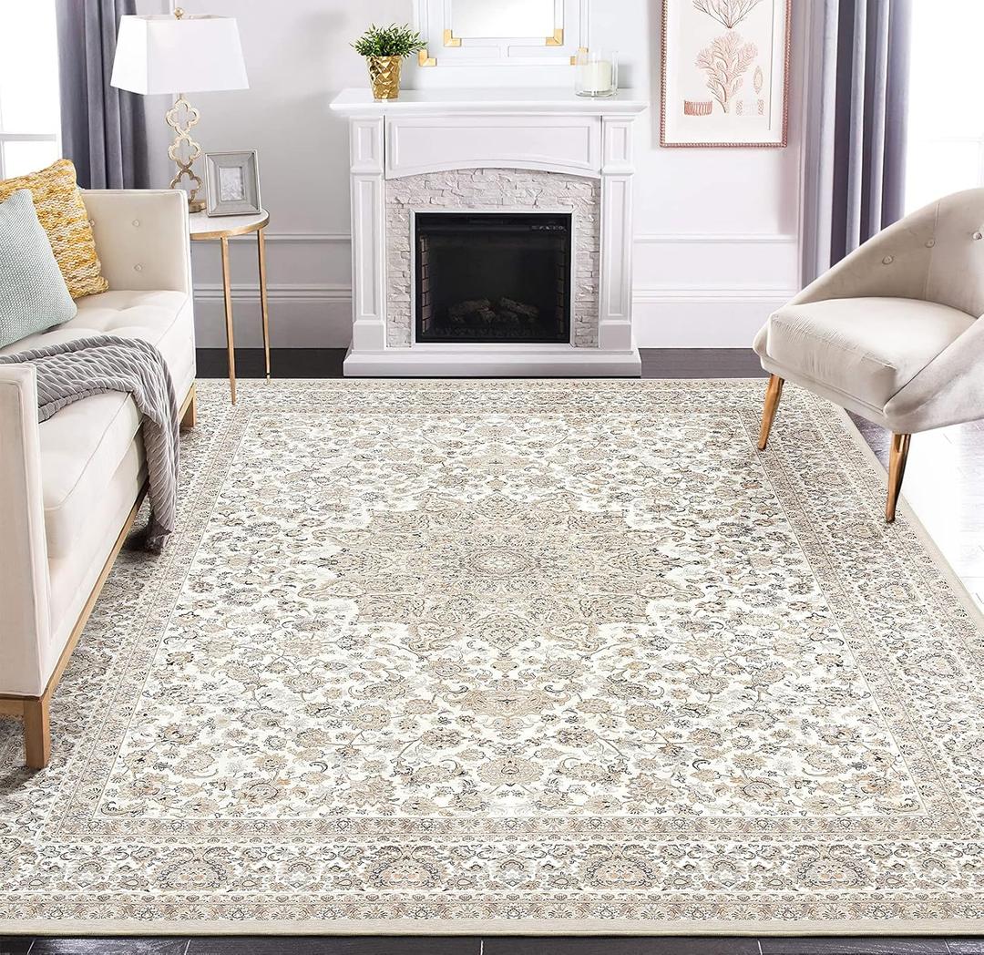 Area Rug Living Room Rugs: 8x10 Large Machine Washable Non Slip Thin Carpet Soft Indoor Luxury Floral Stain Resistant Carpets for Under Dining Table Farmhouse Bedroom Nursery Home Office Beige (8' x 10')