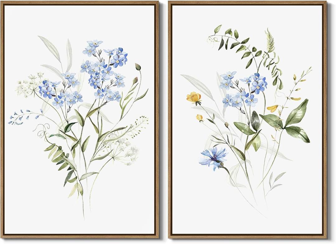 Watercolor Floral Wall Art Blue Yellow Flower Canvas Art Pints Nature Botanical Plants Painting Minimalist Wall Decor Stretched and Framed for Bedroom Bathroom Home Office Decoration - 16"x24"x2Pcs