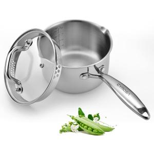 Stainless Steel Saucepan with Glass Lid, 2.0 Quart Multipurpose Sauce Pan, Sauce Pot with for Easy Pour with Ergonomic Handle (Tri-Ply Full Body)