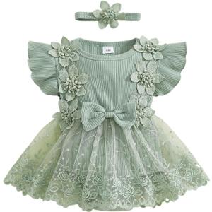 Douhoow Baby Girl Romper Dress Baby Dress Romper Flowers Lace Infant Girl Spring Summer Clothes with Headband, 0-3M