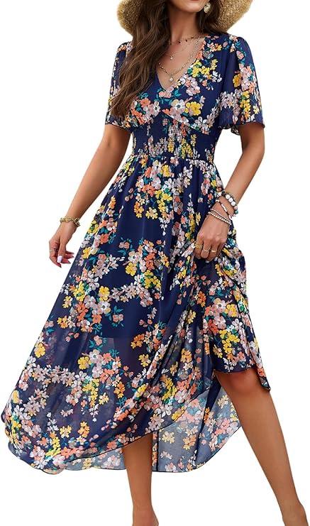 Women's Floral Maxi Dress Flowy V Neck Empire Waist Summer Wedding Guest Party Casual Chiffon Dress 3XL
