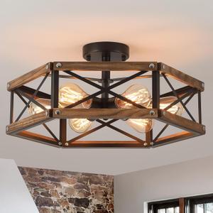 6-Light Large Rustic Farmhouse Wood Flush Mount Ceiling Light Fixture 20 inch Oak Wood and Metal Cage Semi Flush Mount Ceiling Light for Hallway Entry Dining Farmhouse Bedroom Living Room, Black