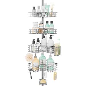 SWTYMIKI Shower Caddy Tension Pole - 4-Tier Corner Shower Organizer Tension Rod with Soap Holder, Toothbrush Holder & 4 Hooks, Adjustable Stainless Steel Bathroom Organizer 27.6 to 108.3 inch, Silver