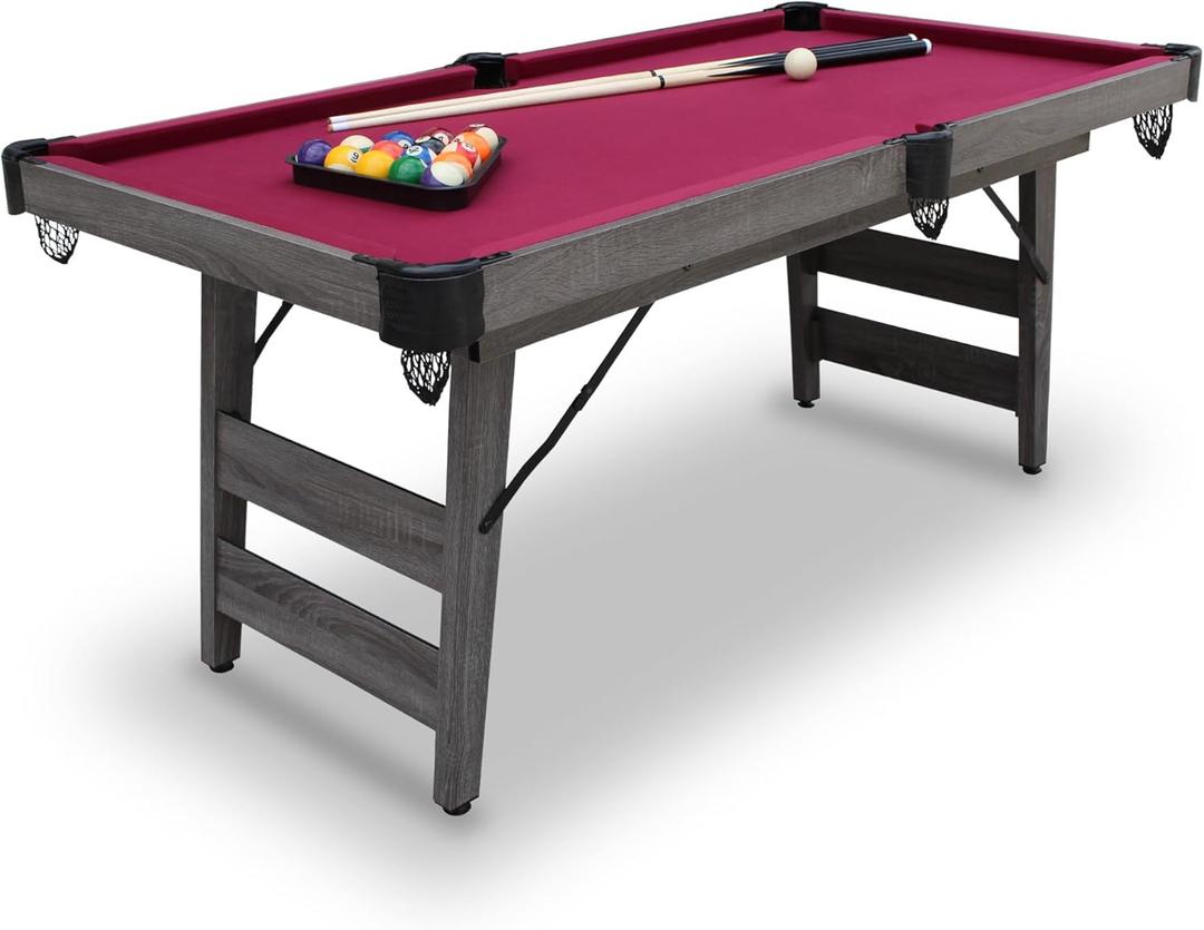 Hathaway Pendleton Portable 6 Foot Pool Table  Space-Saving with Full Set of Billiard Balls, Cues, Chalk and Brush - Foldable Billiard Table with Burgundy Felt, Driftwood Finish