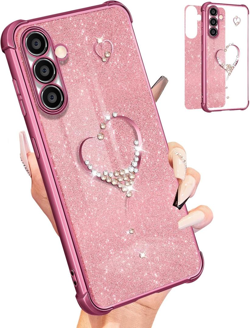 Petitian for Samsung Galaxy S24 Plus Case Women Girls Girly S24+ Cases Cover Glitter Bling Sparkle Diamond with Luxury Heart Design Cute S24 Plus Phone Case Funda 6.7'' (Pink)