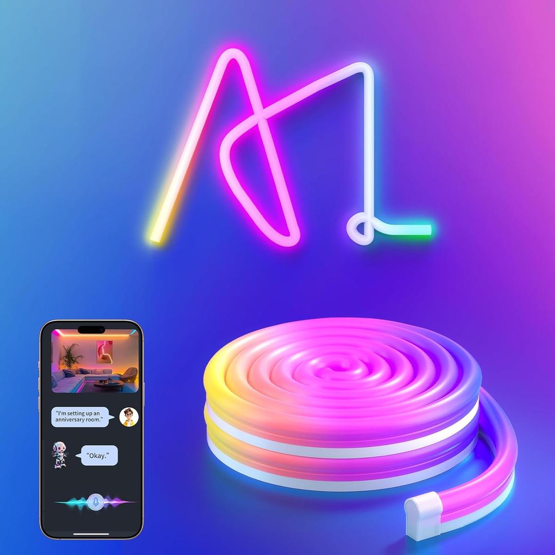 AI LED Neon Rope Light, RGBIC Neon Strip Light with Control of AI Through App & Voice, Compatible with Alexa & Google Assistant, Custom DIY Lighting Effects for Home & Party Decor,16.4ft