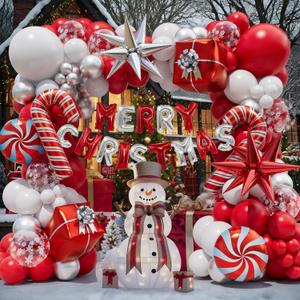 Christmas Balloon Garland Arch kit with Merry Christmas Banner and Xmas Red White Silver Cane Candy Balloon Gift Box Balloons Explosion Star Foil Balloons for Xmas Party Decorations