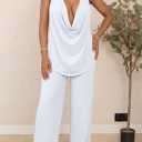Vssjavun Women's Summer 2 Piece Outfits Cowl Neck Sleeveless Halter Tops and Wide Leg Pants Vacation Beach Matching Sets 2026 (White, XXL)