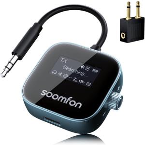 SOOMFON Airplane Bluetooth 5.3 Transmitter for 2 Airpods or Headphones 2-in-1 Airplane Bluetooth Adapter Receiver with LCD Display 3.5mm for Plane Flying Gym Car Home Stereo (Grey)