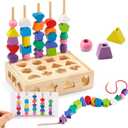3 in 1 Montessori Wooden Toys, Lacing Beads & Stacking Blocks & Shape Sorter Sequencing Toy Set, STEM Preschool Educational Learning Fine Motor Skills Toys for Toddlers 3 4 5 Years Gifts