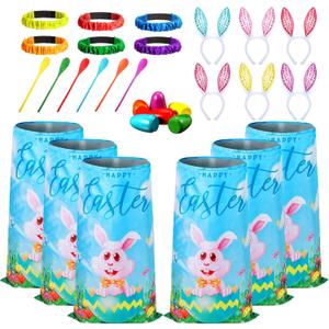 Civaner 30 Pcs Outdoor Games Set for Kids Includes 6 Bunny Potato Sack Race Bags 6 Egg and Spoon 6 Bunny Ears Headbands 6 Legged Relay Race Band for Game Party(Blue,Classic)