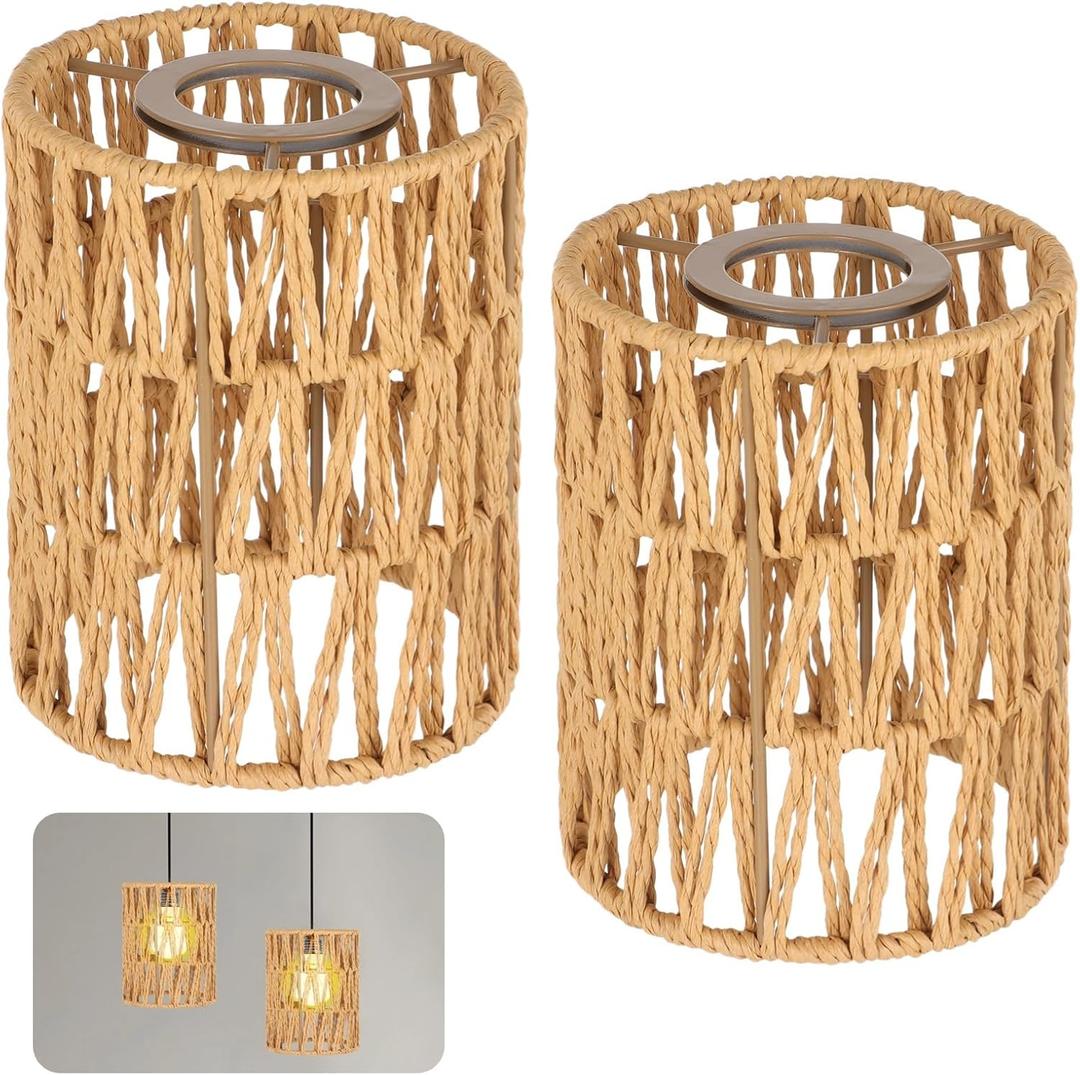 Rattan Lamp Shade 2 Pcs Rattan Lamp Shades, Retro Farmhouse Wicker Lampshade Replacements, 4.7" D5.9" H Cylinder Woven Lamp Shades for Floor Lamps, Pendant Light, Chandelier, Sconces Light