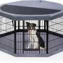 PETIME Dog Playpen,Metal Exercise Puppy Pen Heavy Duty Kennels Yard Fence Indoor/Outdoor 27" W x 32" H 8 Panels Dog Cage with Octagon Top Cover and Bottom Pad