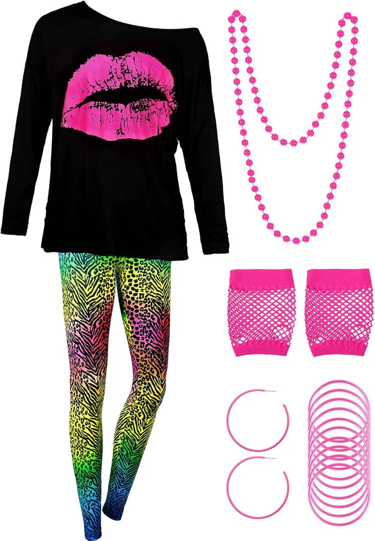 80s Women Costume Set, T-Shirt, Geometric Legging Pants Earring Necklace Gloves Bracelet (Large, Long Sleeve Leopard Print)