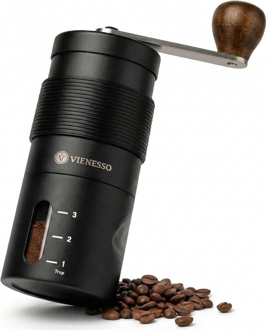 Manual Coffee Grinder with Ceramic Conical Burr - AeroPress Compatible Hand Coffee Mill with Click-Lock Stepless Adjustment | Portable Precision Molino de Cafe for Camping, Home & Travel (Black)